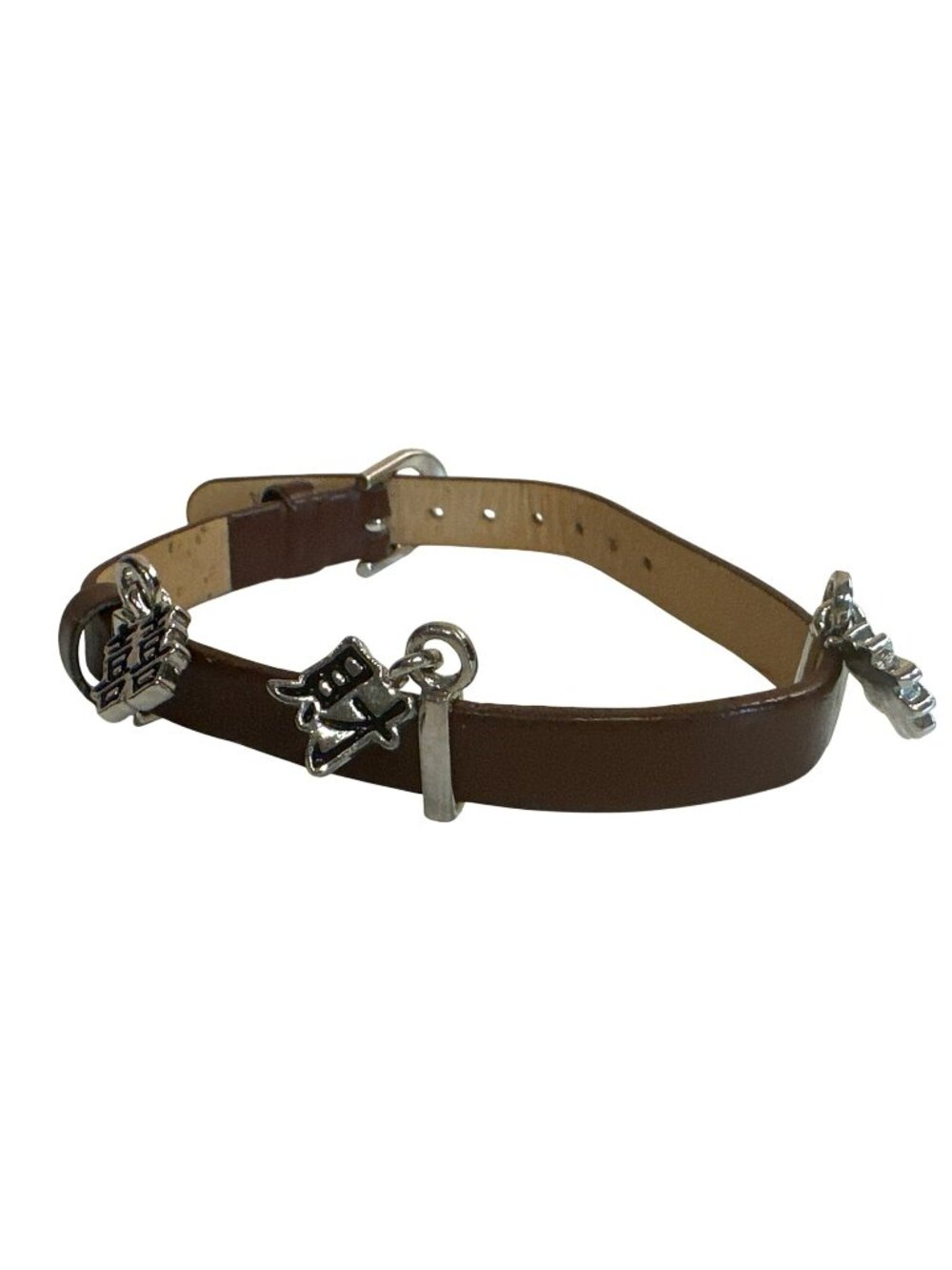 Adjustable Brown Leather Bracelet Silver-Tone Chinese Character Charms